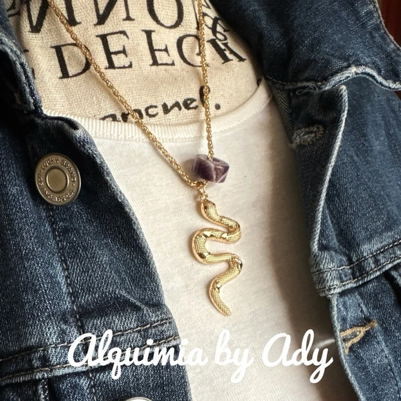 Amethyst February birthstone donut snake pendant gold necklace - Picture 1 of 5